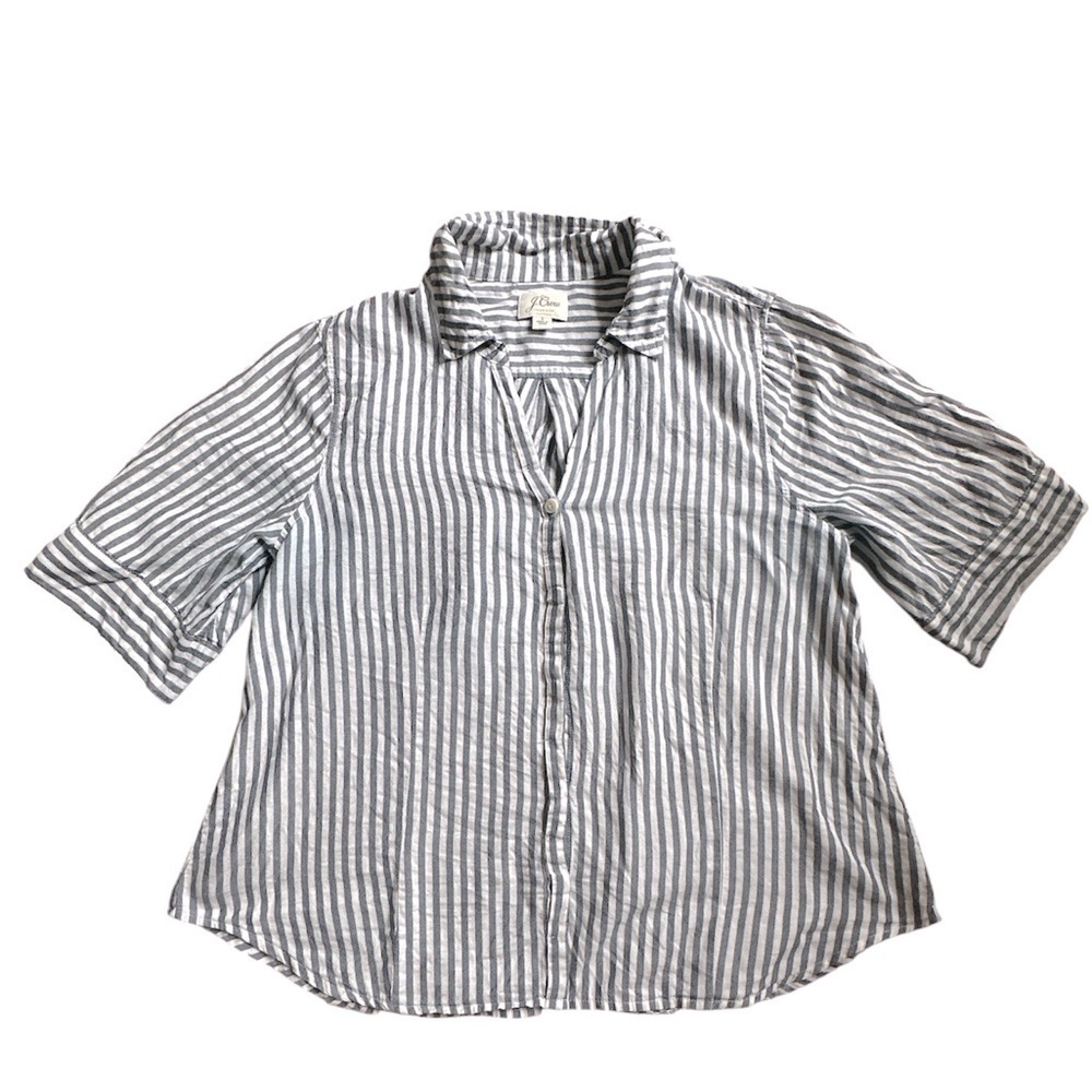 J.Crew Women’s Grey Blue Striped Cotton Button Front Blouse Shirt Small - Picture 2 of 8